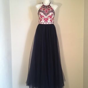 Elegant Floral Embroidered Halter Dress